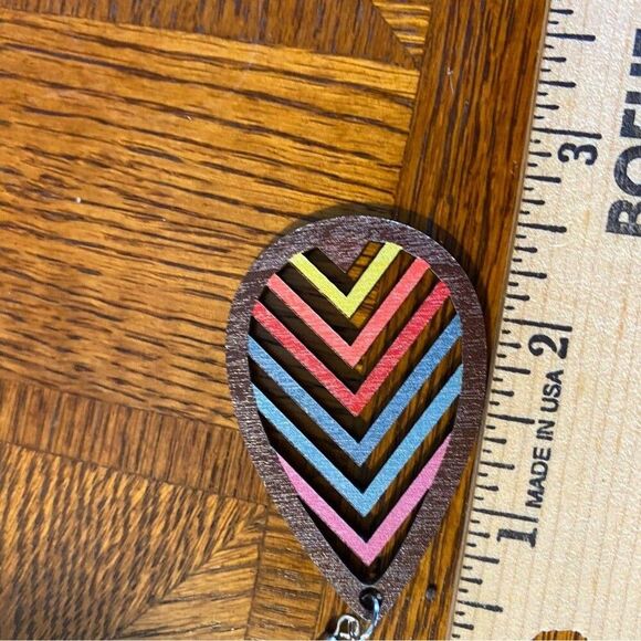 Wooden Boho Earrings Chevron Rainbow Pattern Lightweight Boho Casual Trendy - Picture 3 of 4